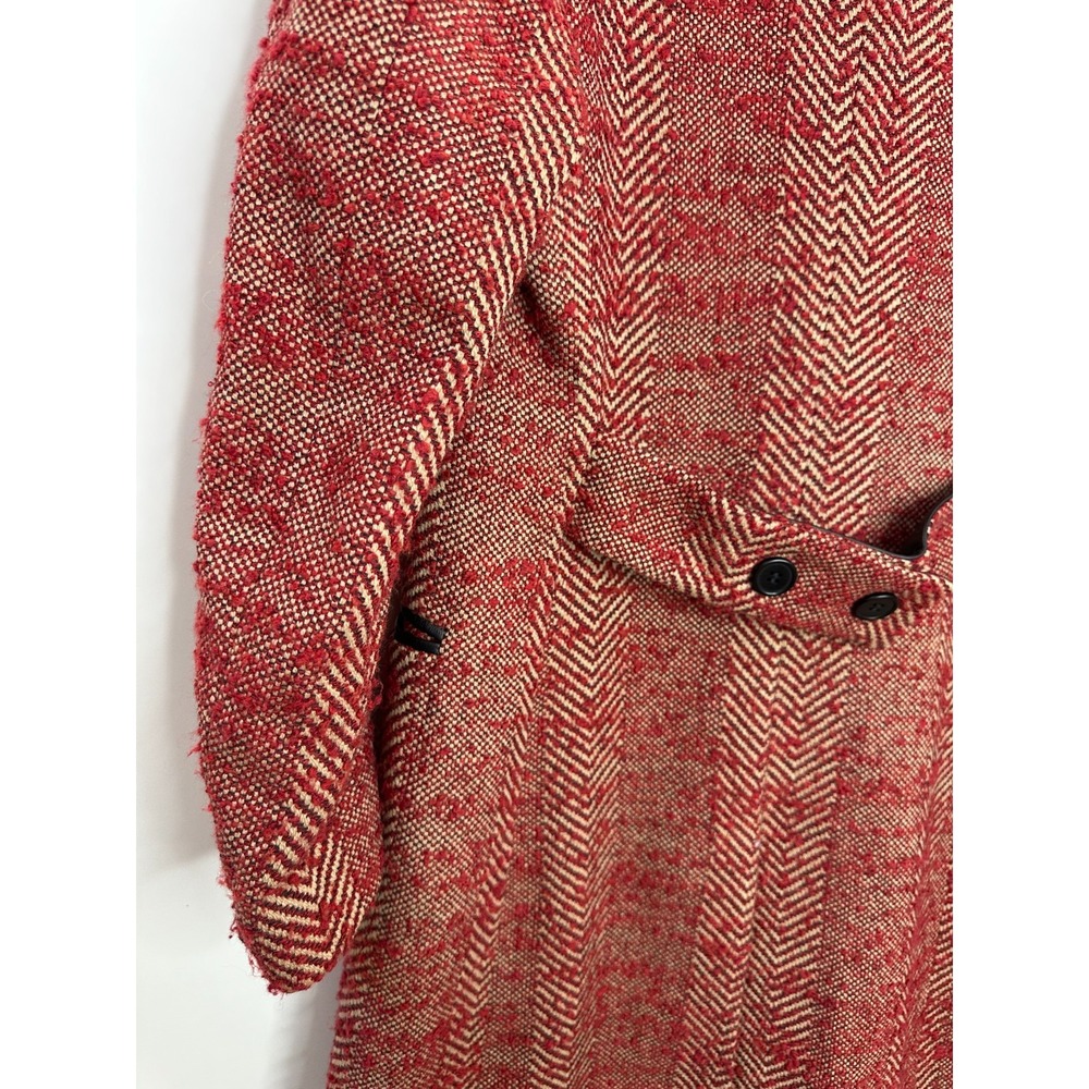 Barneys New York Herringbone Wool Tweed Overcoat Red Tan Italy Size 8 Long Coat - Picture 11 of 16